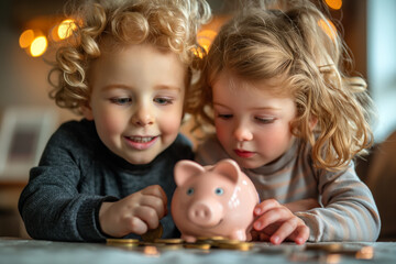 Naklejka premium Two children counting coins with a piggy bank.