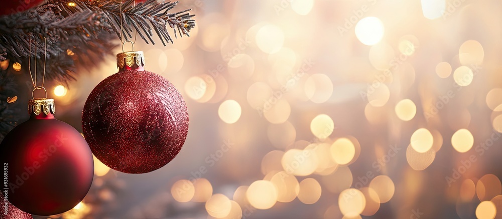 Aufkleber Red Christmas tree ornaments set against a lights backdrop. with copy space image. Place for adding text or design
