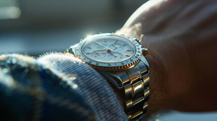 Detailed view of a wrist wearing a luxury watch, reflecting light