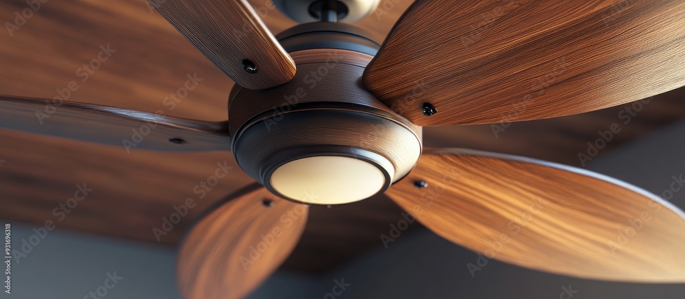Poster Ceiling fan featuring a wooden design with five blades and an integrated light. with copy space image. Place for adding text or design