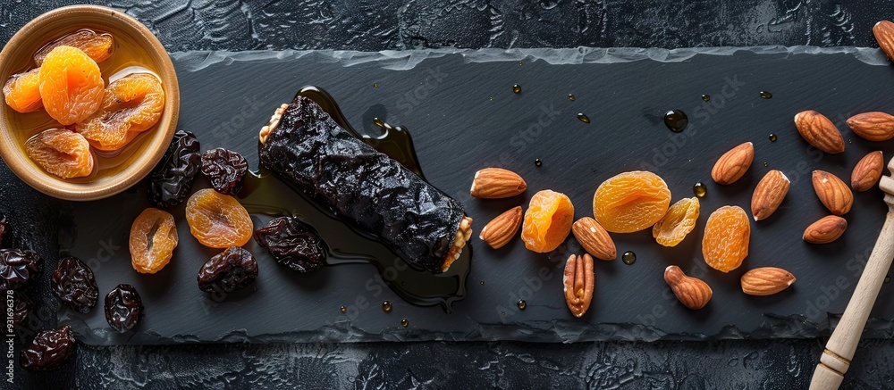 Fototapete healthy vegetarian snack rolled with prunes dried apricots nuts and honey on a black background. with copy space image. Place for adding text or design