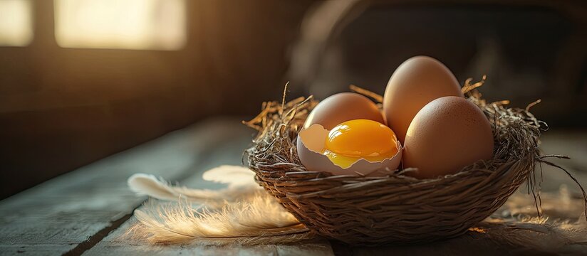 Brown eggs in a basket a broken egg with yolk and a feather on a dark rustic table background Top view. with copy space image. Place for adding text or design