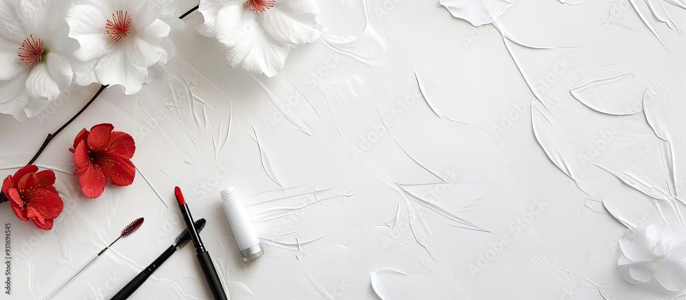 Aufkleber Create items on a white background with copy space Flat lay of a set of luxury decorative cosmetics top view mockup template Minimalist style Beauty blogger theme