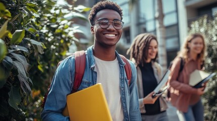 Obraz premium Sunlit Scholars: Young Students Walking Joyfully with Books and Backpacks on a Leafy Campus Path, Academic Buildings in View.