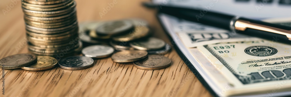 Fototapete A stack of cash and assorted coins are arranged next to an open notebook filled with financial notes and calculations on a wooden table. Generative AI