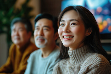 Obraz premium Happy Asian Family Watch Tv, Everyone Is Happy To See Him
