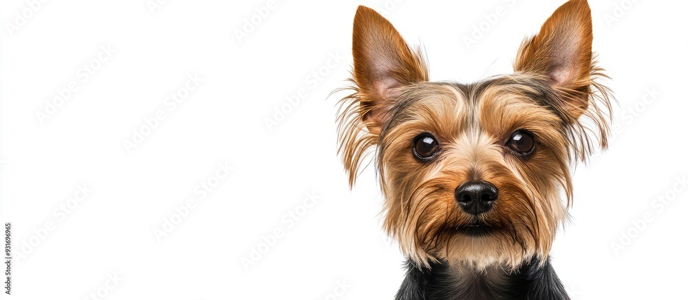 Poster yorkshire terrier with a wavy hairstyle set against a white background. with copy space image. place