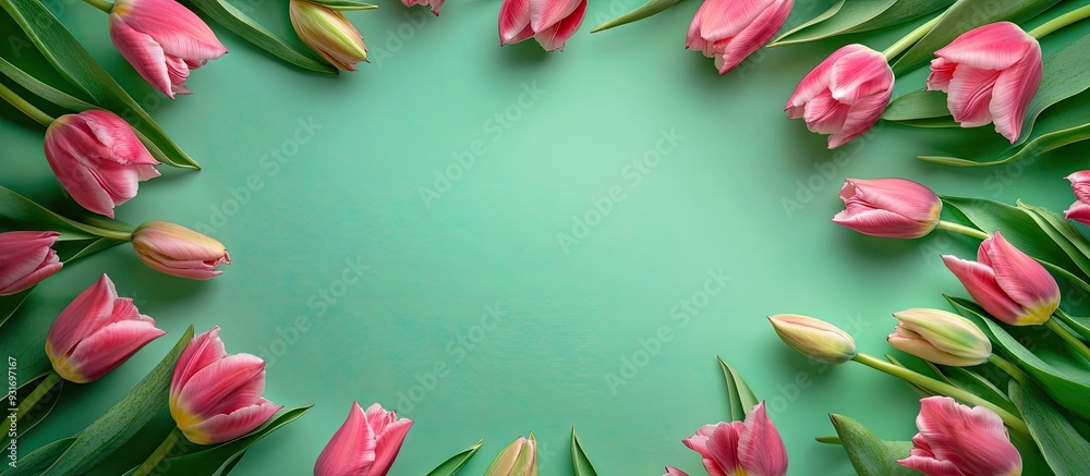 Leinwandbilder frame crafted from lovely tulip flowers set against a green background. with copy space image. place