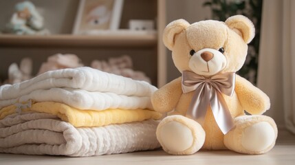 A gentle image of a teddy bear with a satin bow, resting beside a stack of baby blankets, [teddy bear], [cozy and comforting]
