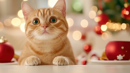 A cat sitting on a table with christmas decorations in the background, AI