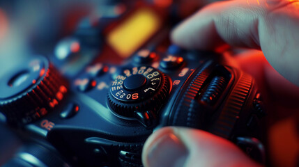 Close-up of a hand adjusting the settings on a modern camera