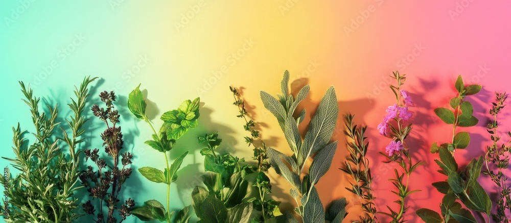 Fototapete Arrangement of various herbs on a colorful background. with copy space image. Place for adding text or design