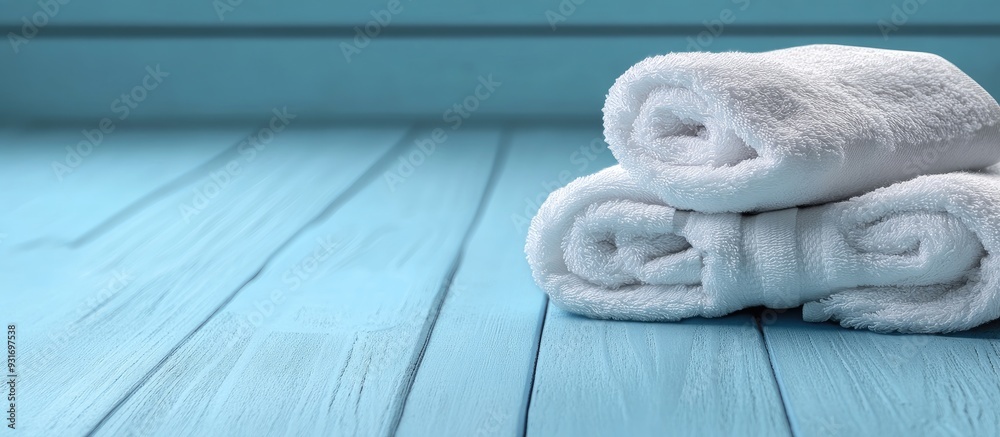 Poster A pile of towels on a blue wooden surface. with copy space image. Place for adding text or design