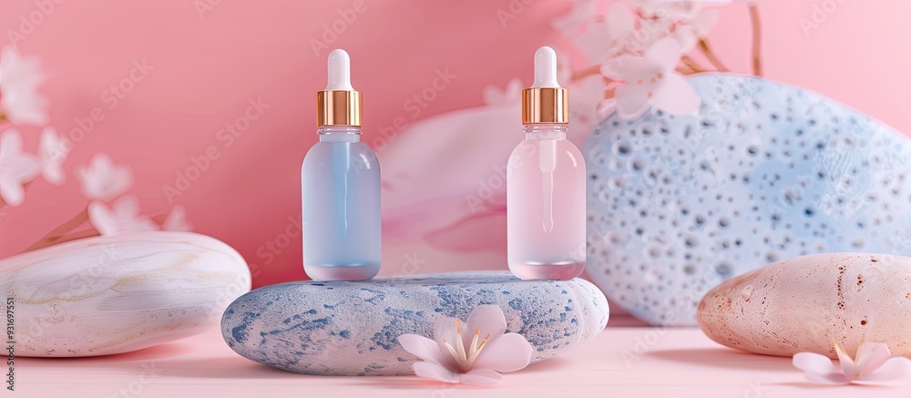 Poster glass bottles on stones against a pastel background cosmetic container mockup with space for text th