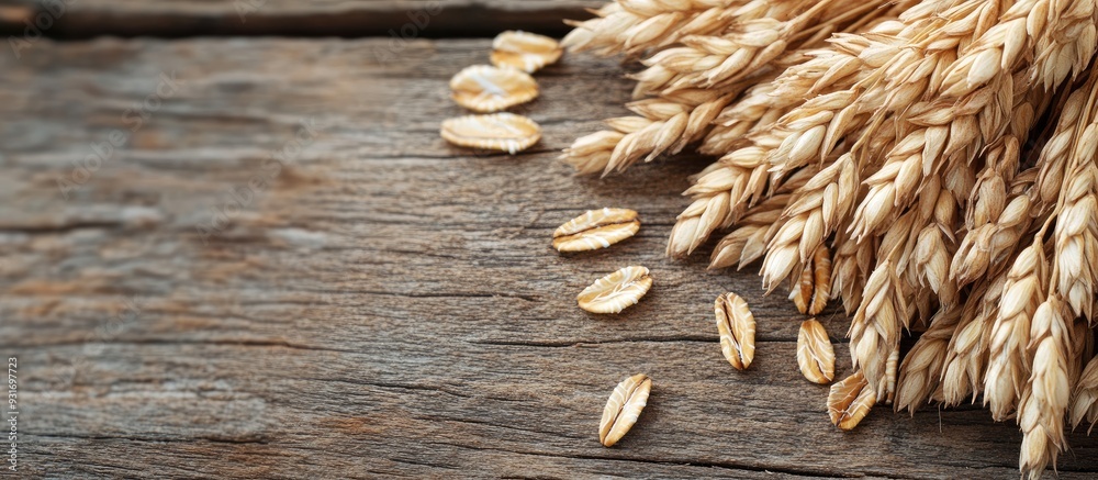 Poster Oat grains on a wooden table oatmeal Abundant harvest A nutritious fresh dry oat meal. with copy space image. Place for adding text or design
