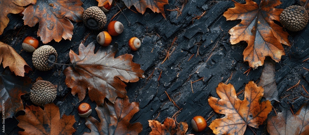 Poster Autumn backdrop Dried oak leaves and acorns against a black background Top view Copy space