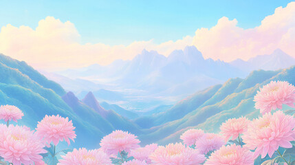 A painting of colorful Chinese chrysanthemums, green mountains in the back, chinese chongyang festival background