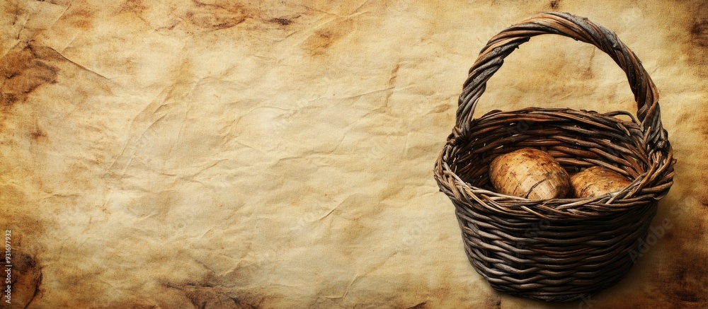 Aufkleber textured vintage paper background with birch bark basket. with copy space image. Place for adding text or design
