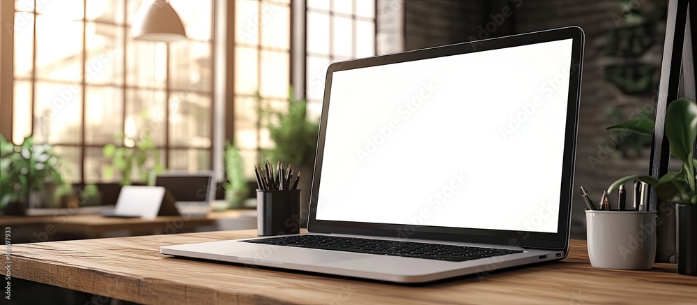 Poster Mockup image of a computer with a blank screen for text typing on a laptop and contacting businesses to search for information at a desk in an office Creative workspace design on a wooden desktop