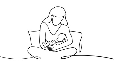 Mother and child continuous line art drawing isolated on white background. Mother day. Vector illustration