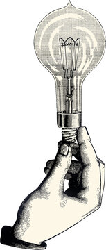 hand and light bulb vintage illustration on transparent background