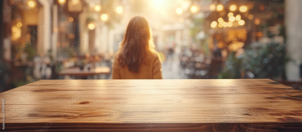 Aufkleber Selective empty wooden table in front of a blurred young tourist in a coffee shop background with sunlight and bokeh for product montage display. with copy space image