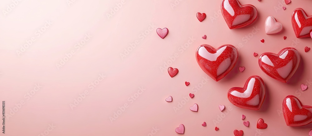 Poster Valentine s Day love flat lay backdrop with hearts. with copy space image. Place for adding text or design