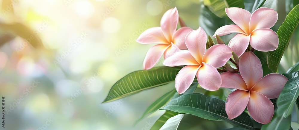 Poster pink frangipani blossoms accompanied by green leaves and a blurred backdrop. with copy space image. 