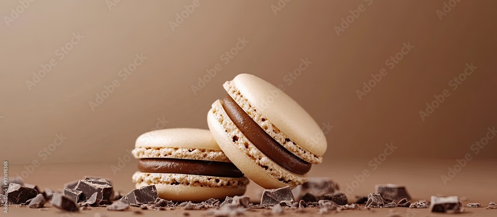 Poster homemade vanilla chocolate macarons. with copy space image. place for adding text or design