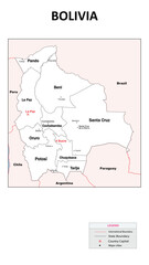 Bolivia Map. State map of Bolivia. Administrative map of Bolivia with state and capital in white color.