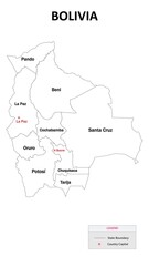 Bolivia Map. State and district map of Bolivia. Administrative map of Bolivia with states and boundaries in white color.