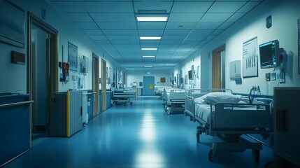 Empty hospital interior, showcasing unoccupied medical spaces and vacant rooms.