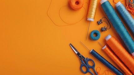 needles with sewing thread and scissors on a canvas on orange background