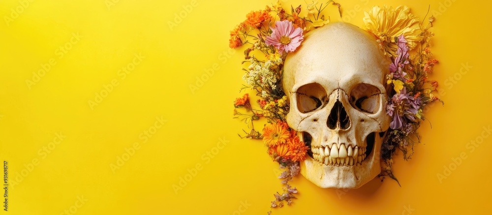 Poster human skull adorned with beautiful flowers on a yellow background close up. with copy space image. p