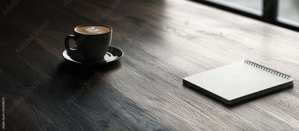 Poster wooden office desk of a business workspace featuring a notebook and a coffee cup with copyspace