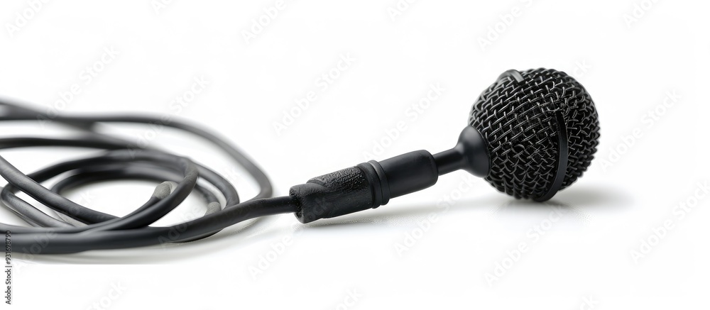 Fototapete Black lavalier microphone isolated on a white background close up. with copy space image. Place for adding text or design