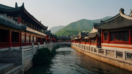 Fototapeta premium Immerse yourself in the charm of Hanzhong city, where traditional architecture and modern amenities blend seamlessly to create a unique and diverse landscape.