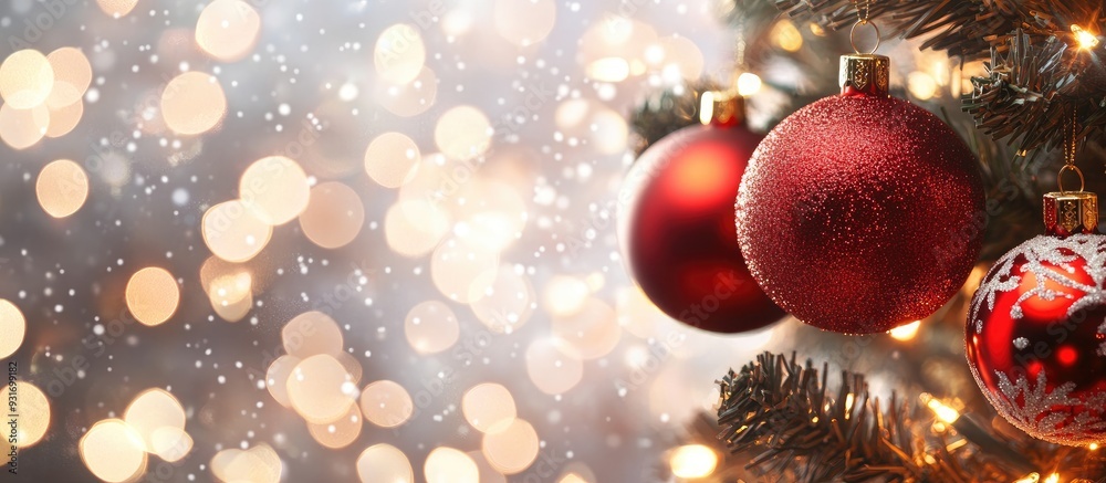Aufkleber red christmas tree ornaments set against a lights backdrop. with copy space image. place for adding 