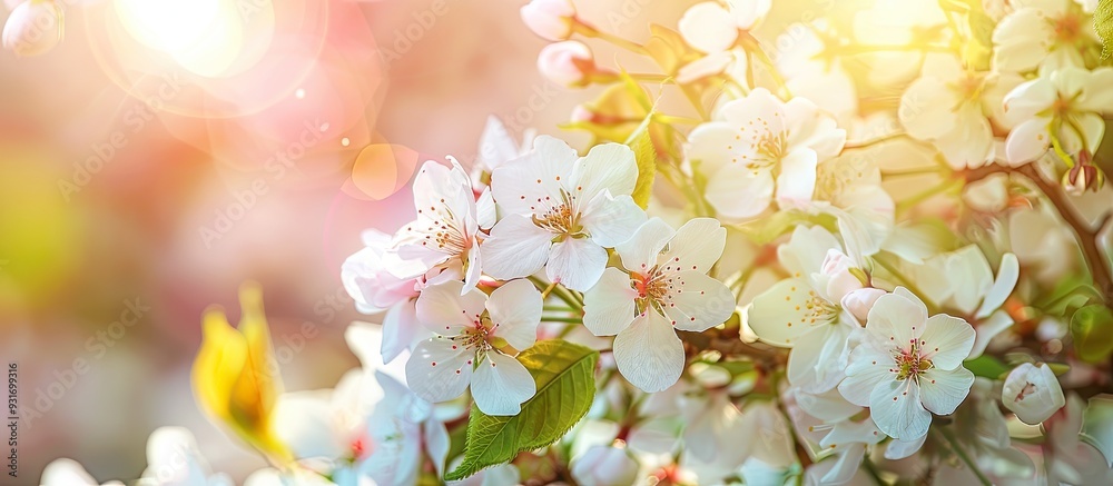 Poster abstract background flowering cherry tree white flowers. with copy space image. place for adding tex