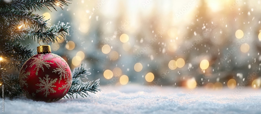 Fototapete Christmas backdrop featuring a red and gold ornament fir tree in snow. with copy space image. Place for adding text or design