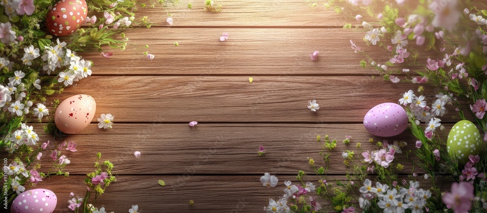 Poster Easter eggs and spring flowers on a wooden background. with copy space image. Place for adding text or design