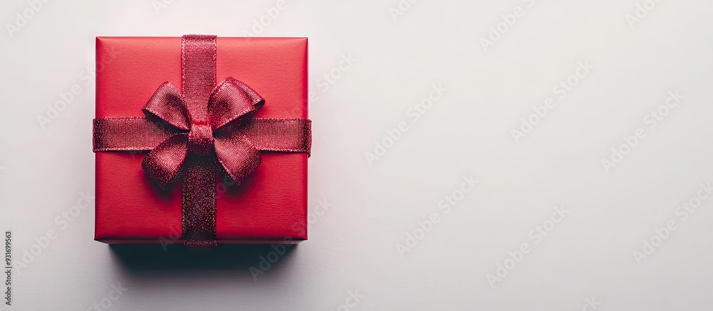 Poster red gift box with bows set against a white background with ample copy space