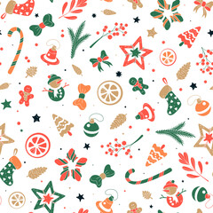 Seamless pattern with Christmas symbols on a white background. Gifts, decor and branches of plants and trees. Winter background.
