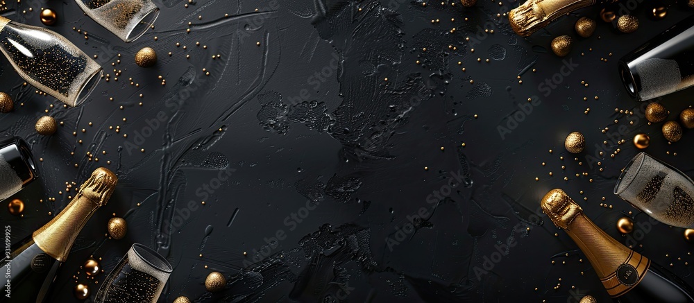 Poster champagne as a symbol of new year on a black background top view frame copyspace