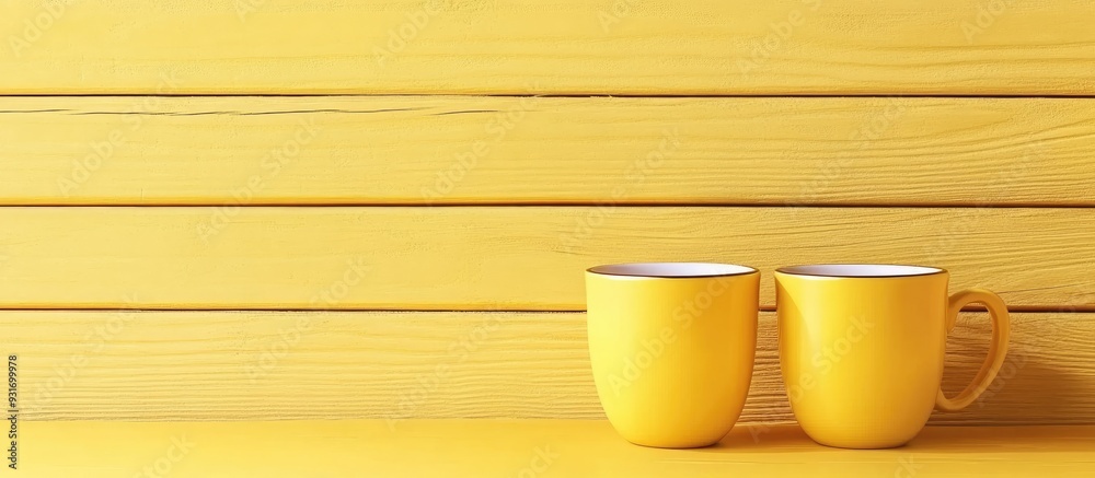 Poster Coffee mugs on a yellow wooden tabletop. with copy space image. Place for adding text or design