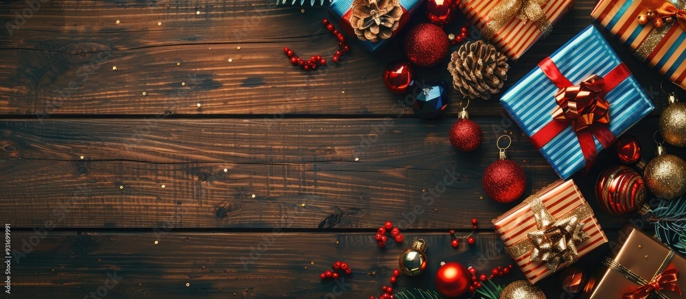 Poster christmas gift box and vibrant baubles arranged on a wooden table set against a white background. wi