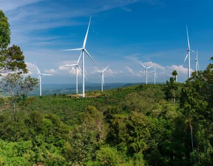 Wind turbines rise among lush green trees, blending nature's tranquility with renewable energy.