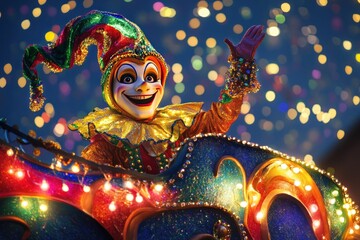 Fototapeta premium A Festive Jester Waving Against a Sparkling Background