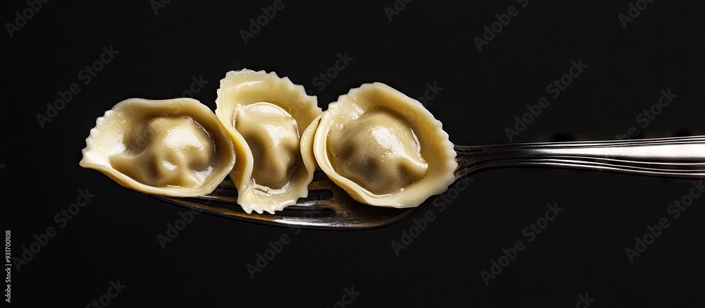 Poster isolated traditional russian pelmeni ravioli and meat dumplings on a vintage fork against a black ba