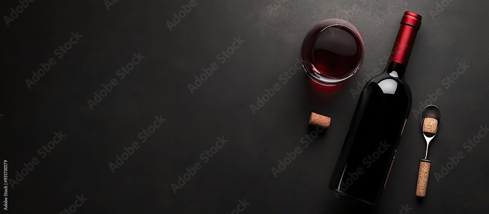 Poster red wine bottle corkscrew and glass top view still life. with copy space image. place for adding tex